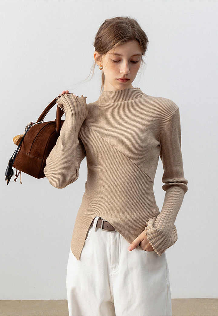 Ribbed High- Neck Sweater with Flared Sleeves