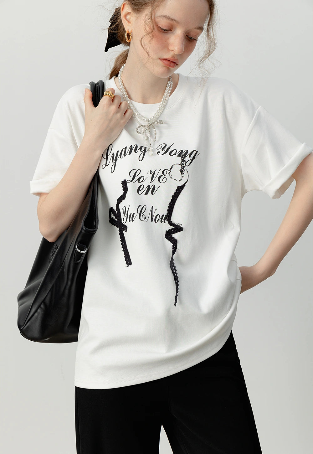 Women's Graphic Print Oversized Tee with Lace Details