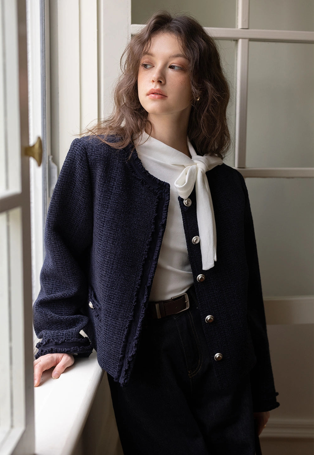 Navy Tweed Pearl-Button Jacket