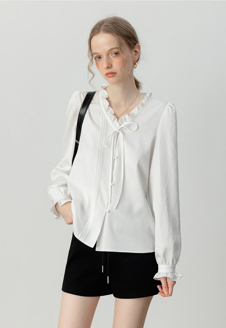 Women's Ruffled White Blouse with Bow Tie Detail