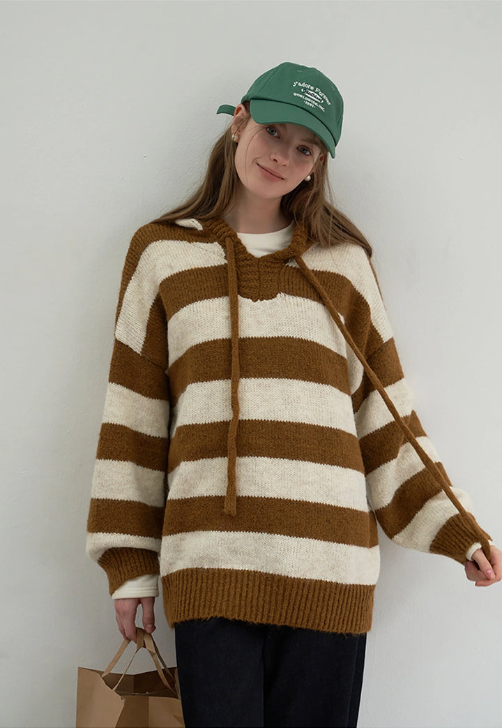 Women's Wide Striped V-Neck Hooded Sweater