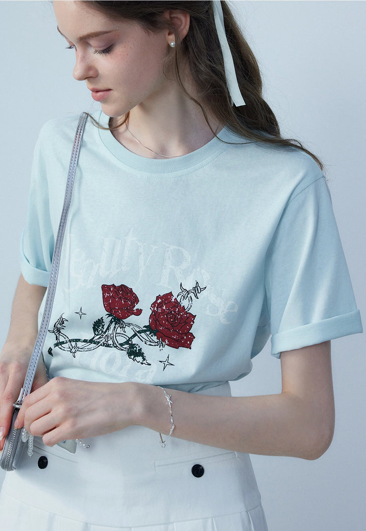 Damen-T-Shirt mit rotem Rosen-Print und elegantem Schriftzug – lässiges Baumwoll-T-Shirt