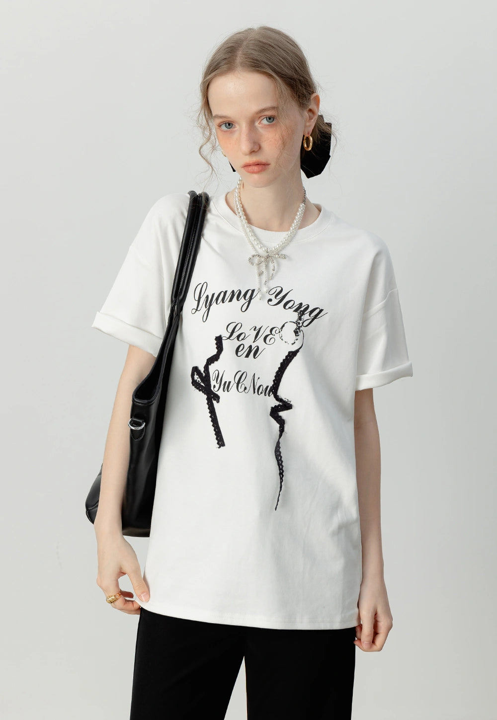 Women's Graphic Print Oversized Tee with Lace Details