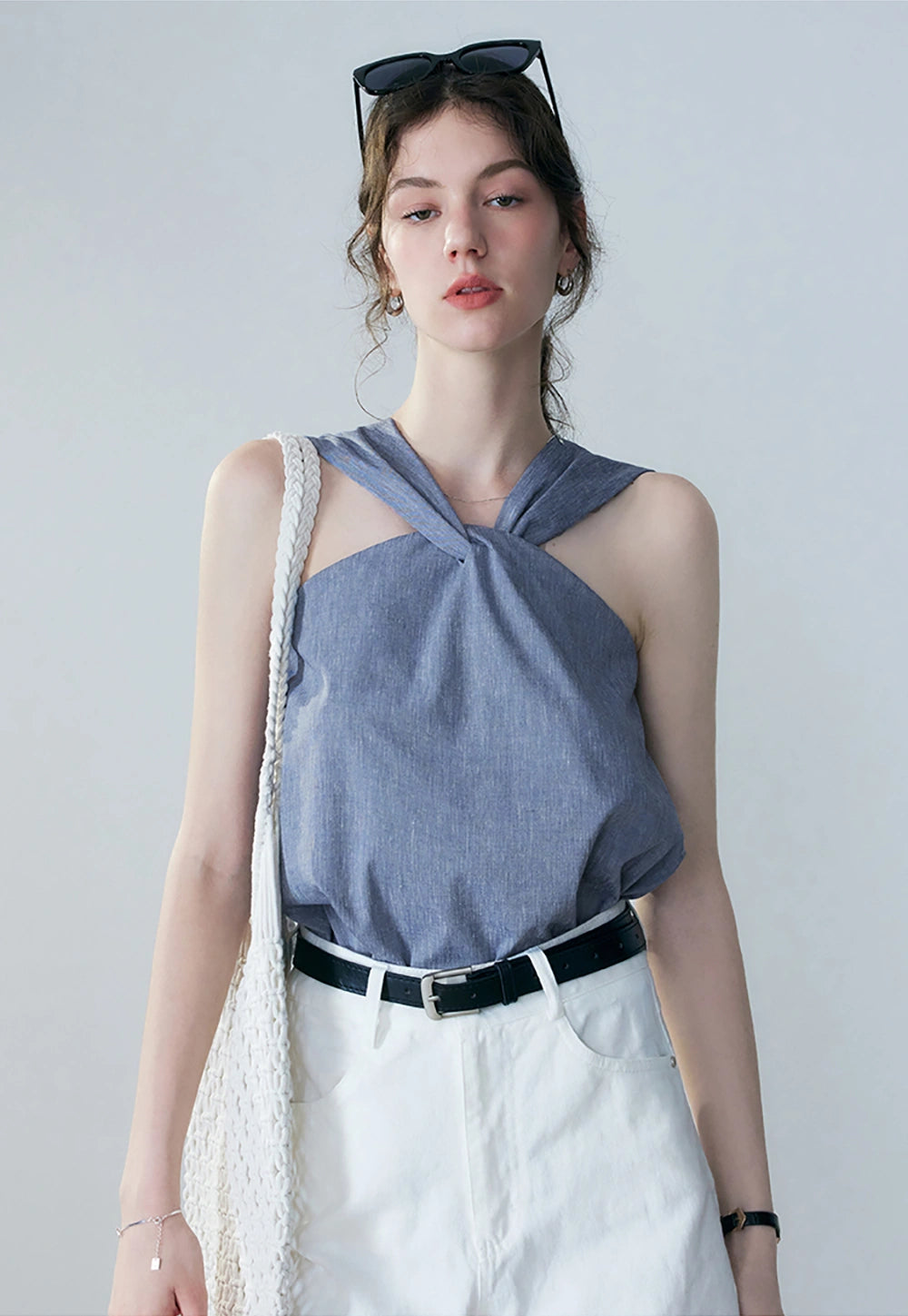 Women's Denim Twist Knot Sleeveless Top