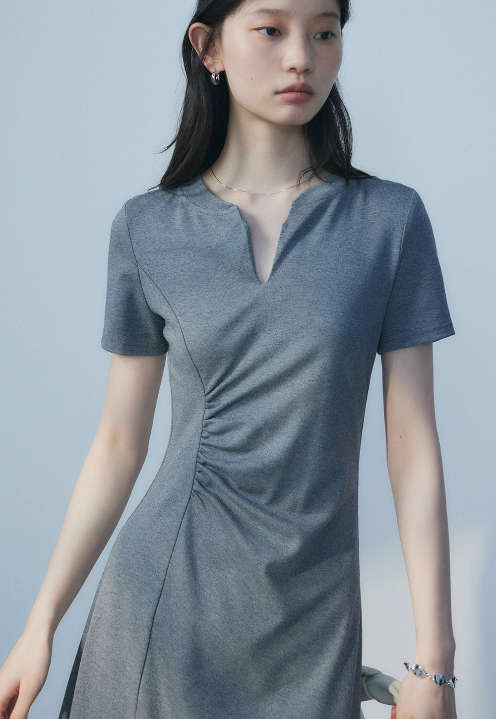 Women's Grey Wrap Dress - V-Neck, Short Sleeve, Comfortable Stretch Fabric