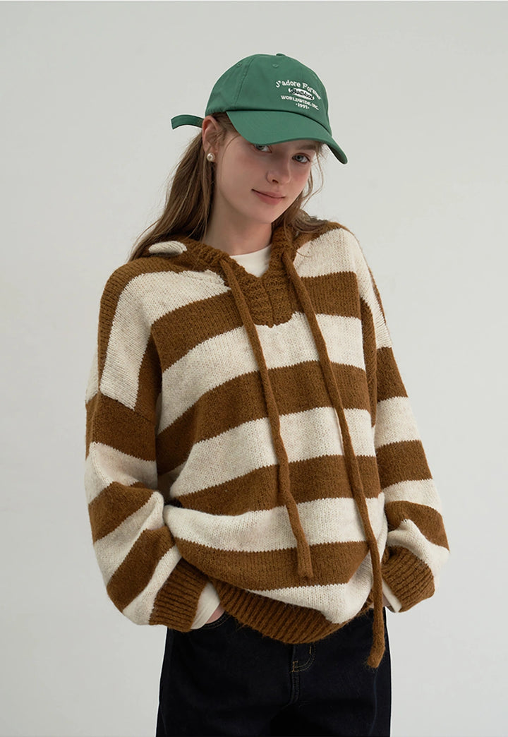 Women's Wide Striped V-Neck Hooded Sweater