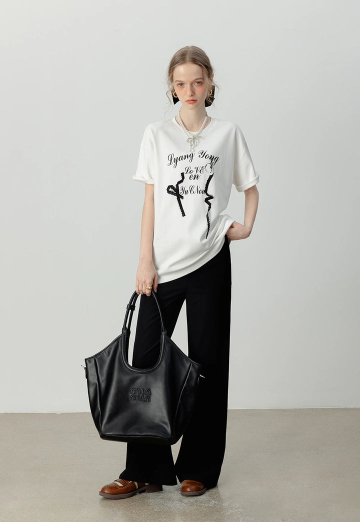 Women's Graphic Print Oversized Tee with Lace Details