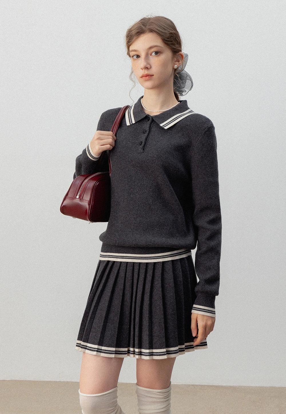 Women's Two-Piece Sweater Set, Long Sleeve Polo Collar Sweater and Pleated Mini Skirt