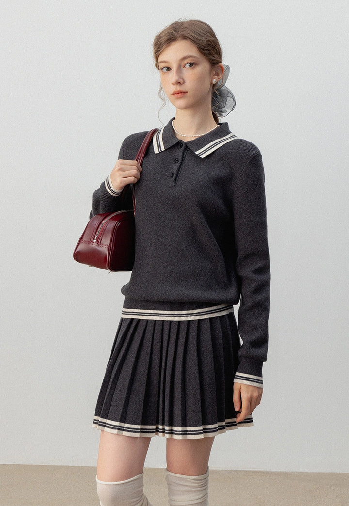 Women's Two-Piece Sweater Set, Long Sleeve Polo Collar Sweater and Pleated Mini Skirt