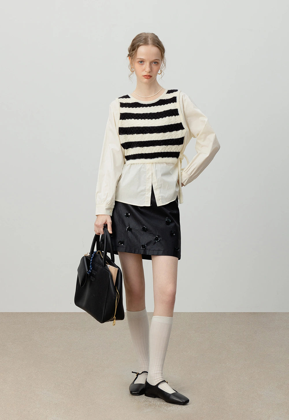 Striped Knit Patchwork Layered Shirt – Two-in-One Top