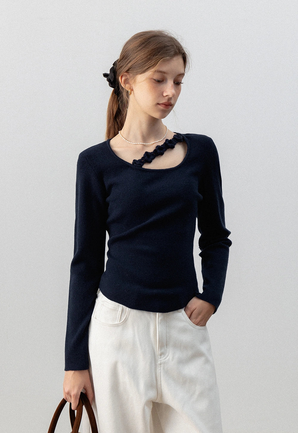 Asymmetric Cutout Long Sleeve Top with Crochet Detail