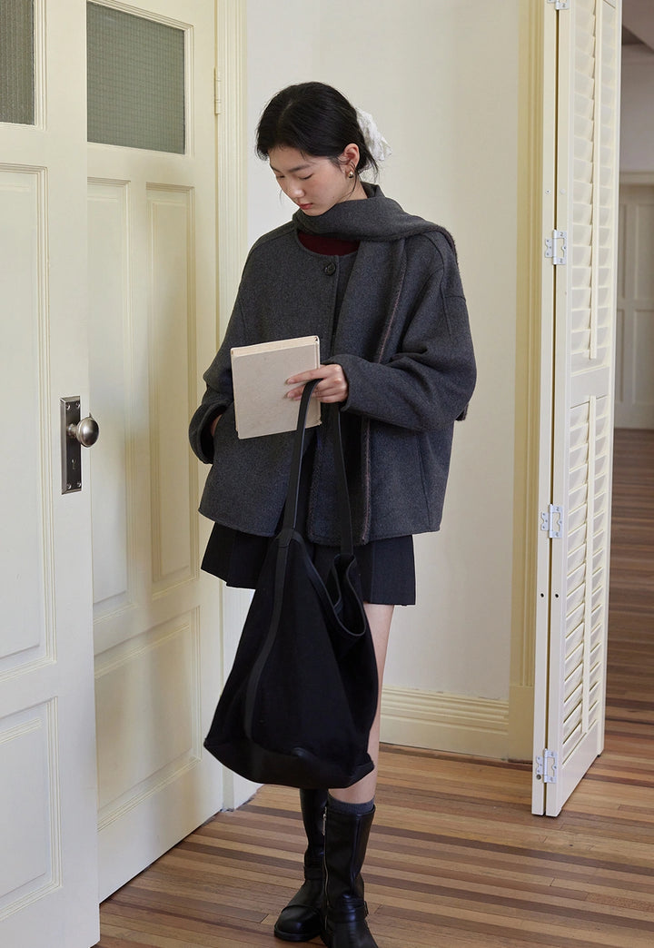 Cozy Button-Up Coat with Attached Scarf