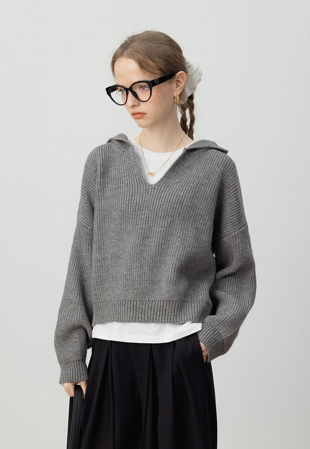 Women's Hooded Knit Sweater with Drop Shoulders