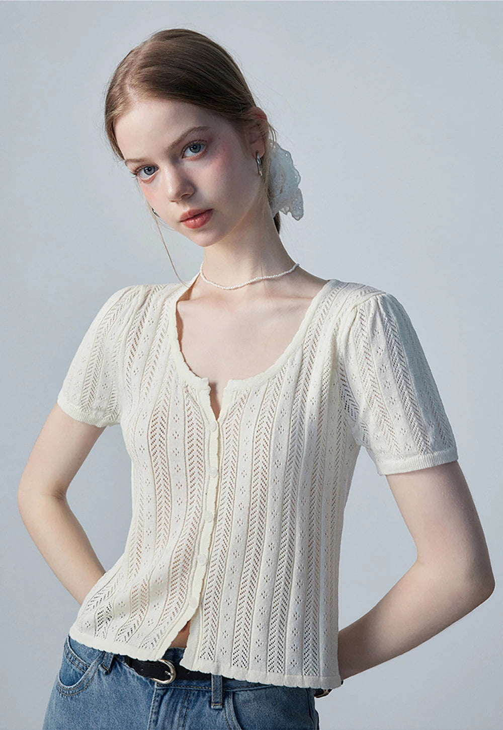 Women's Short-Sleeve Button-Up Knit Top