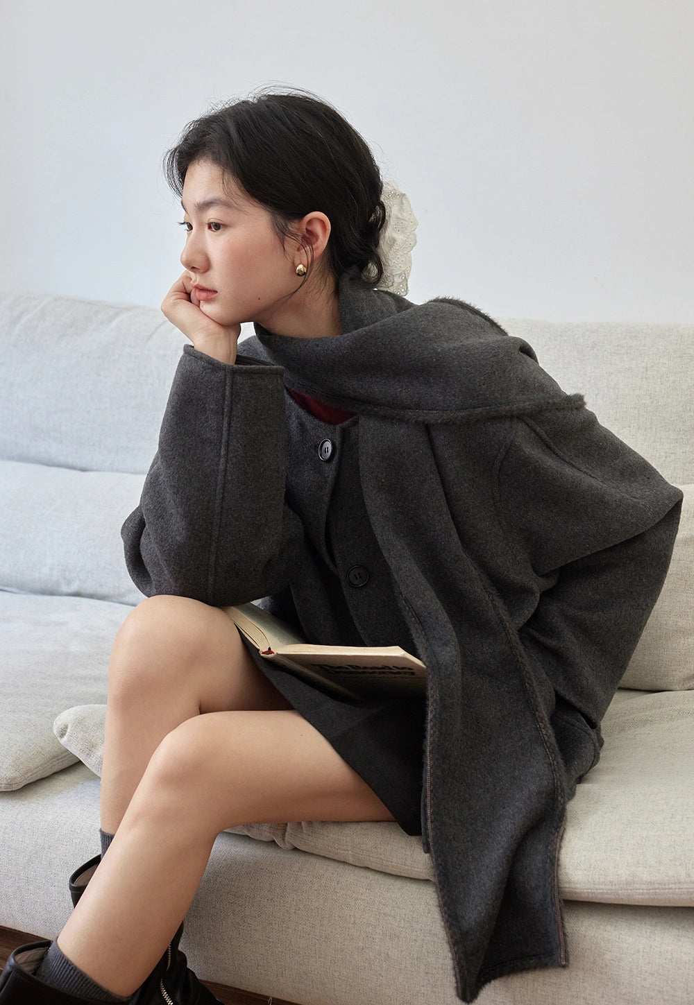 Cozy Button-Up Coat with Attached Scarf