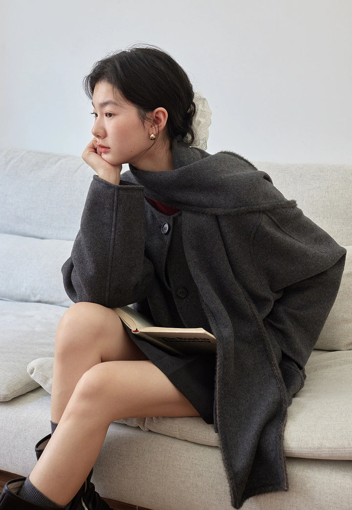 Cozy Button-Up Coat with Attached Scarf