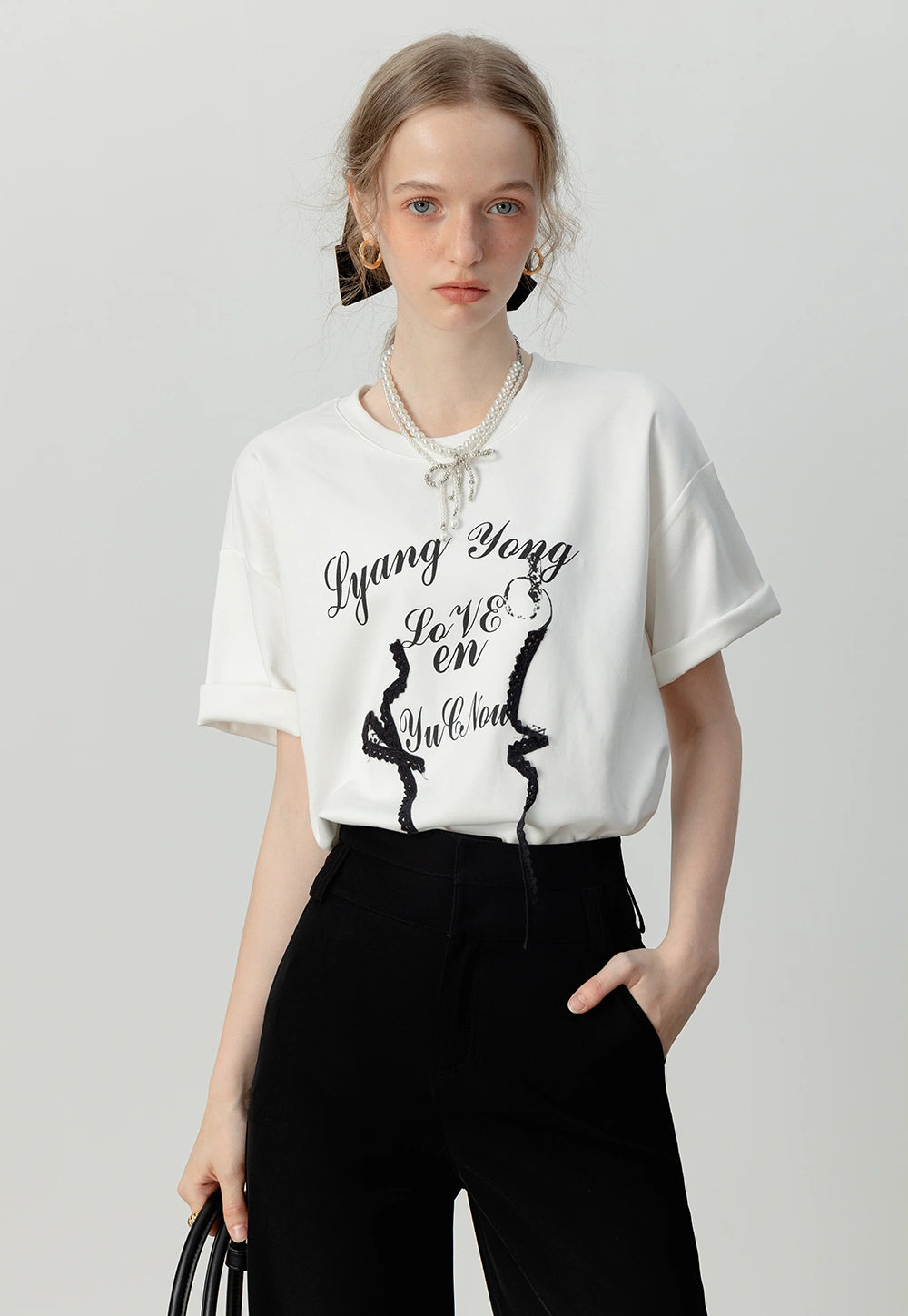 Women's Graphic Print Oversized Tee with Lace Details