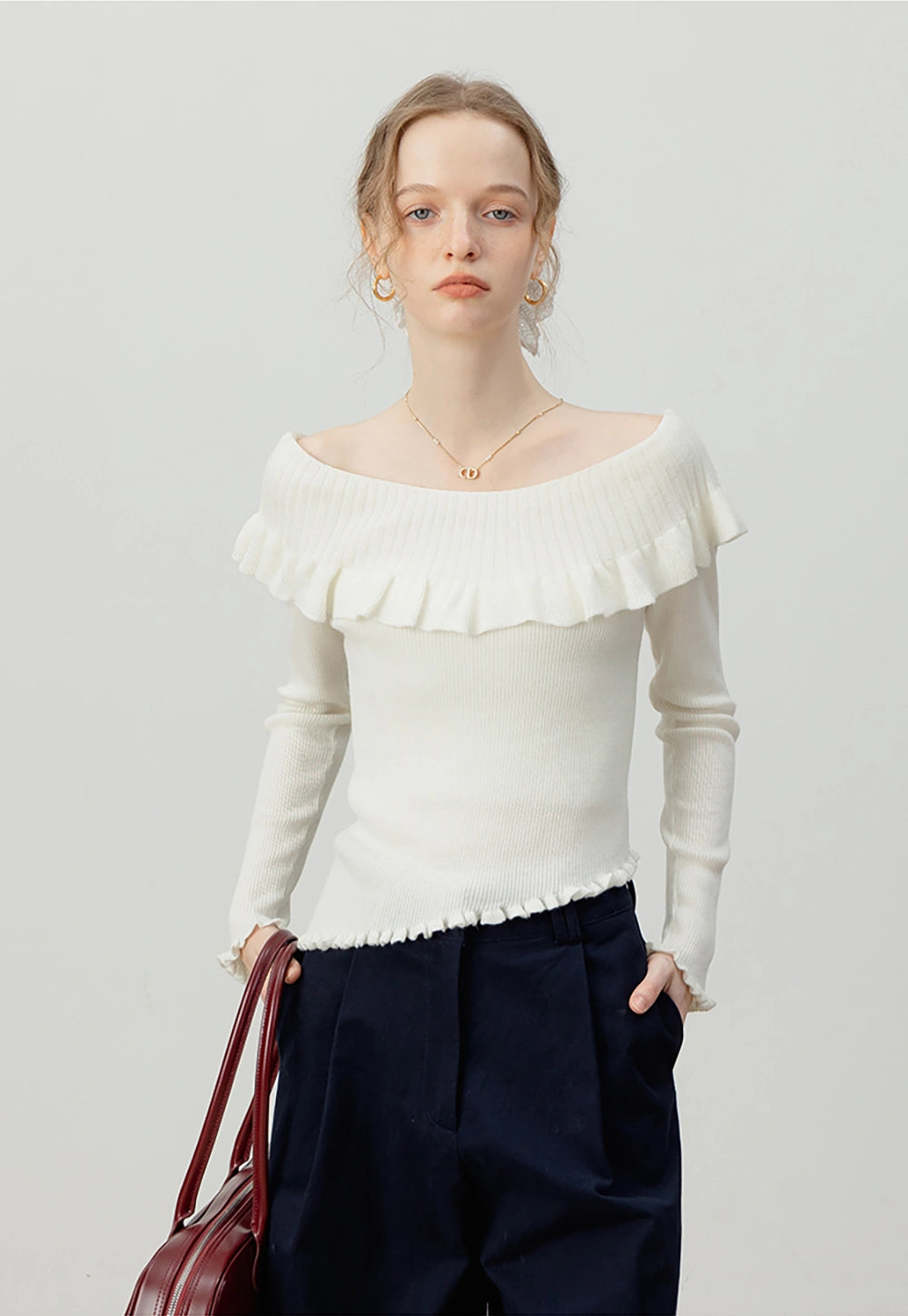 Off-Shoulder Ruffle Long Sleeve Knit Top