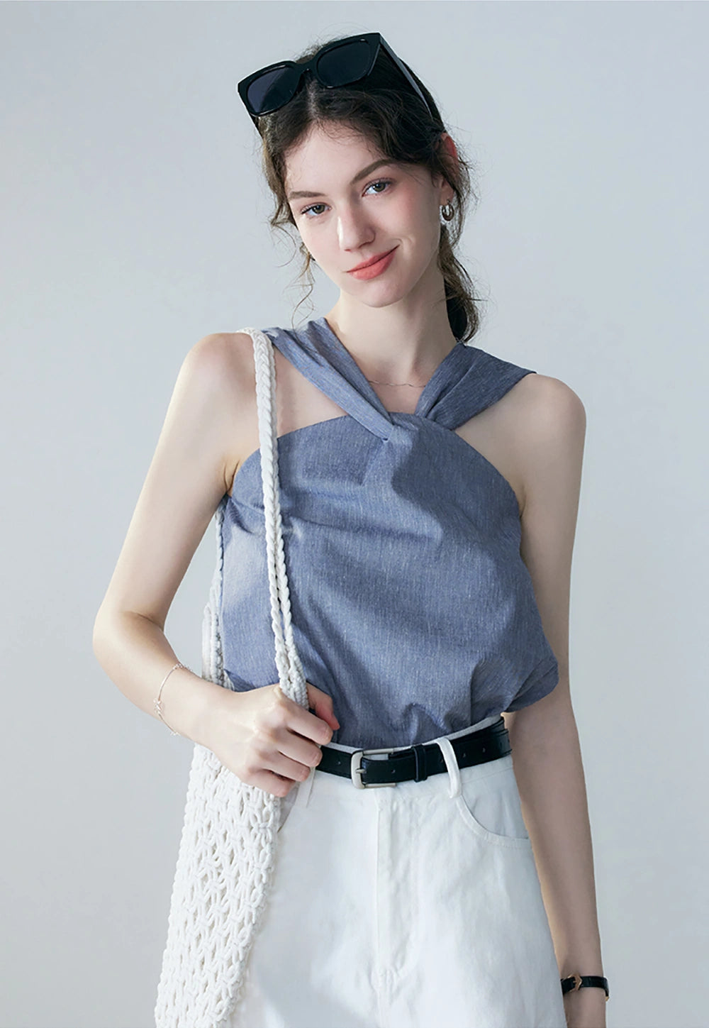 Women's Denim Twist Knot Sleeveless Top