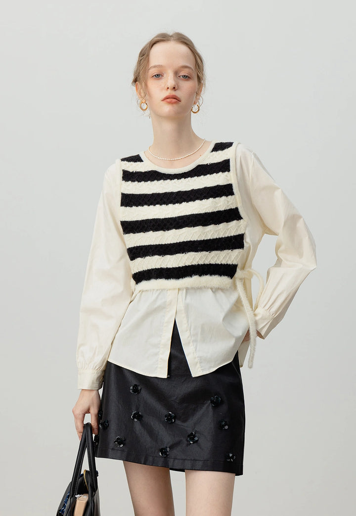 Striped Knit Patchwork Layered Shirt – Two-in-One Top