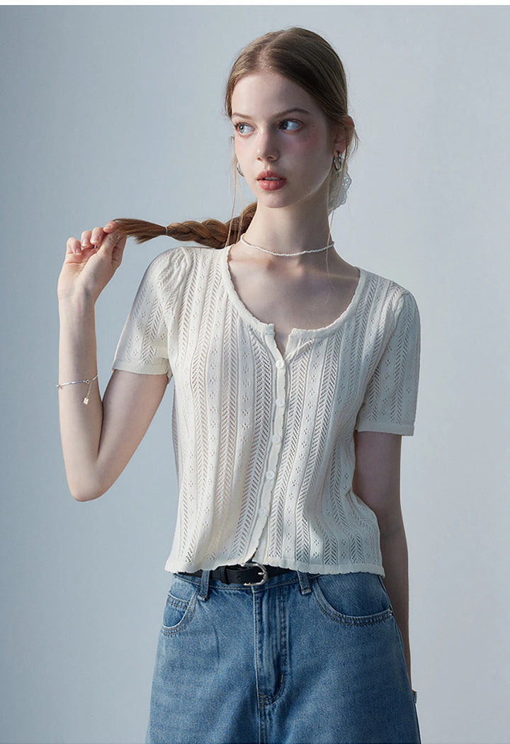 Women's Short-Sleeve Button-Up Knit Top