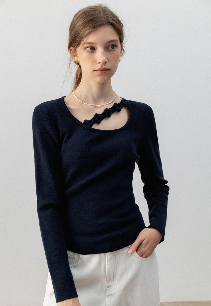 Asymmetric Cutout Long Sleeve Top with Crochet Detail