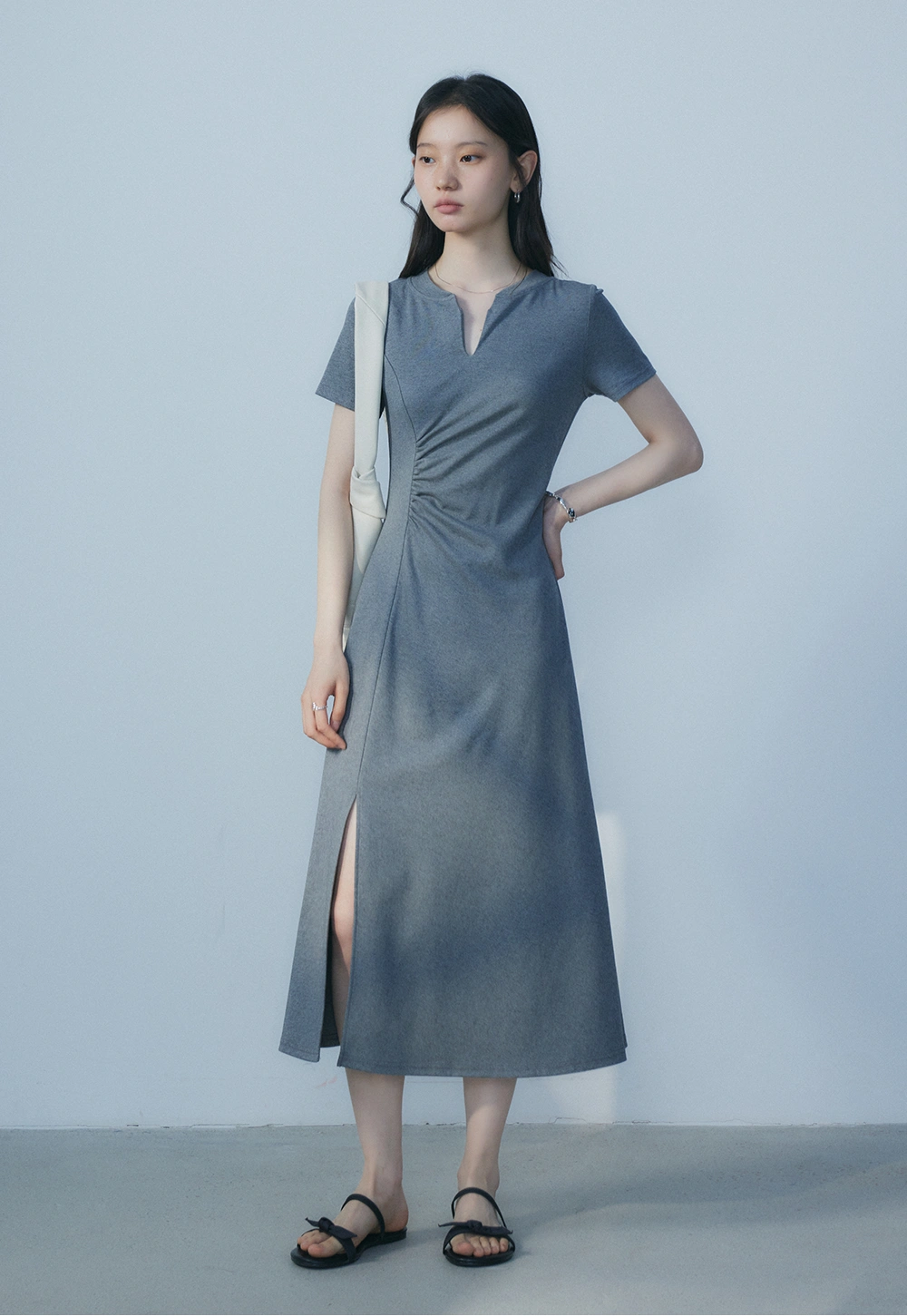 Women's Grey Wrap Dress - V-Neck, Short Sleeve, Comfortable Stretch Fabric