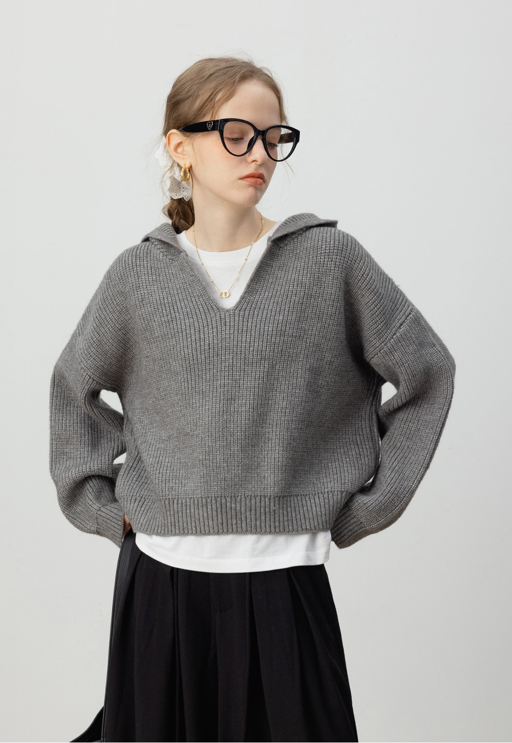 Women's Hooded Knit Sweater with Drop Shoulders