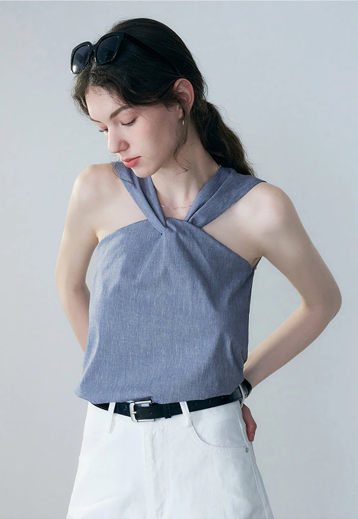 Ärmelloses Denim-Twist-Knoten-Top für Damen