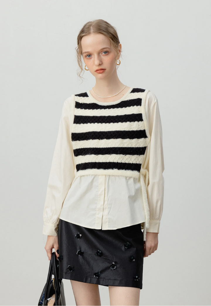 Striped Knit Patchwork Layered Shirt – Two-in-One Top