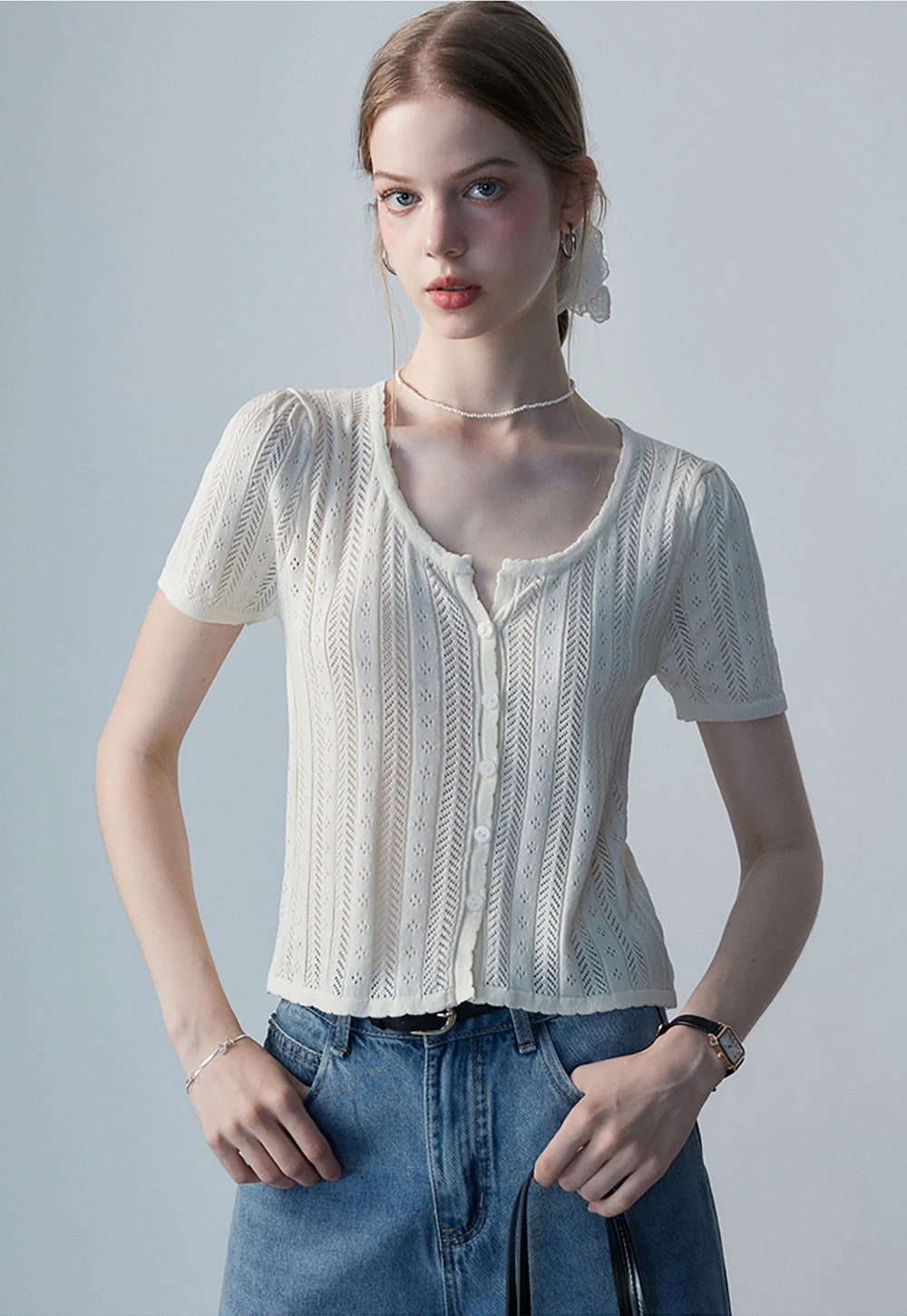 Women's Short-Sleeve Button-Up Knit Top