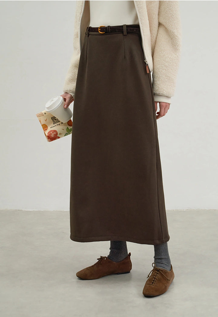 Minimalist French Wool Midi Skirt with Belt