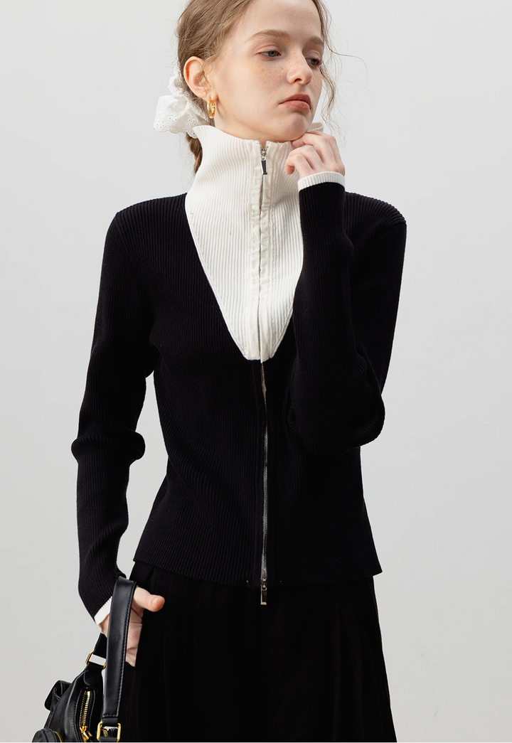 Women's Ribbed Zip-Up Collared Cardigan