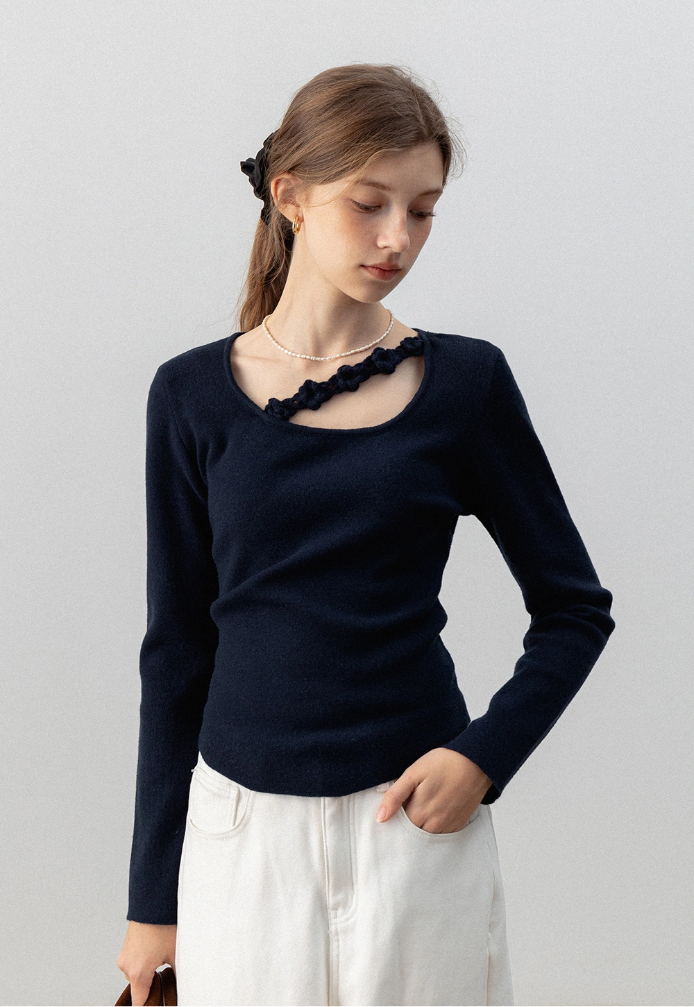 Asymmetric Cutout Long Sleeve Top with Crochet Detail