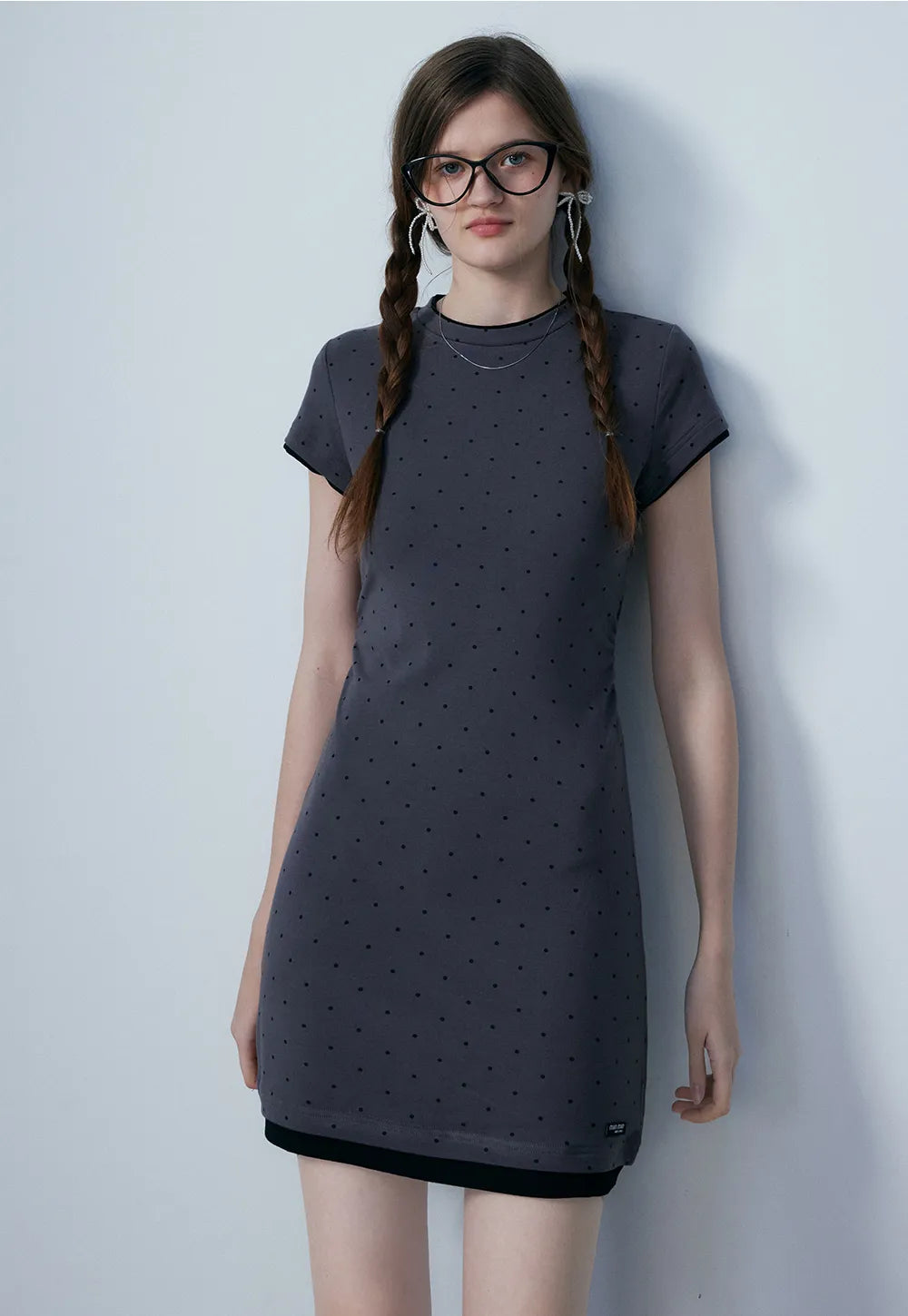 Women's Grey Polka Dot Knee-Length Dress