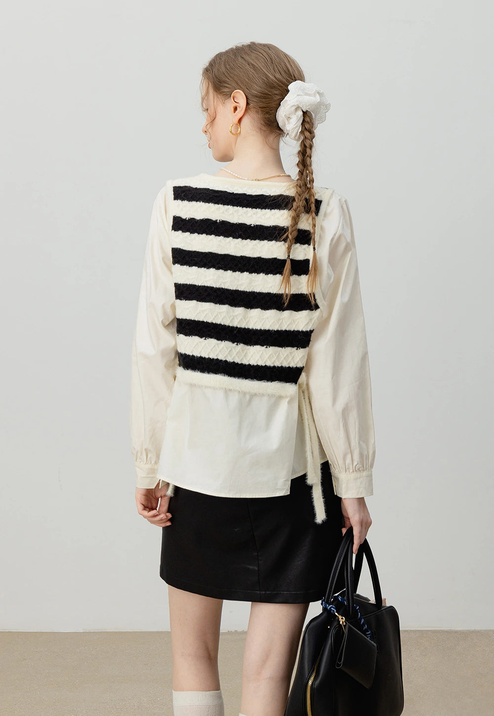 Striped Knit Patchwork Layered Shirt – Two-in-One Top