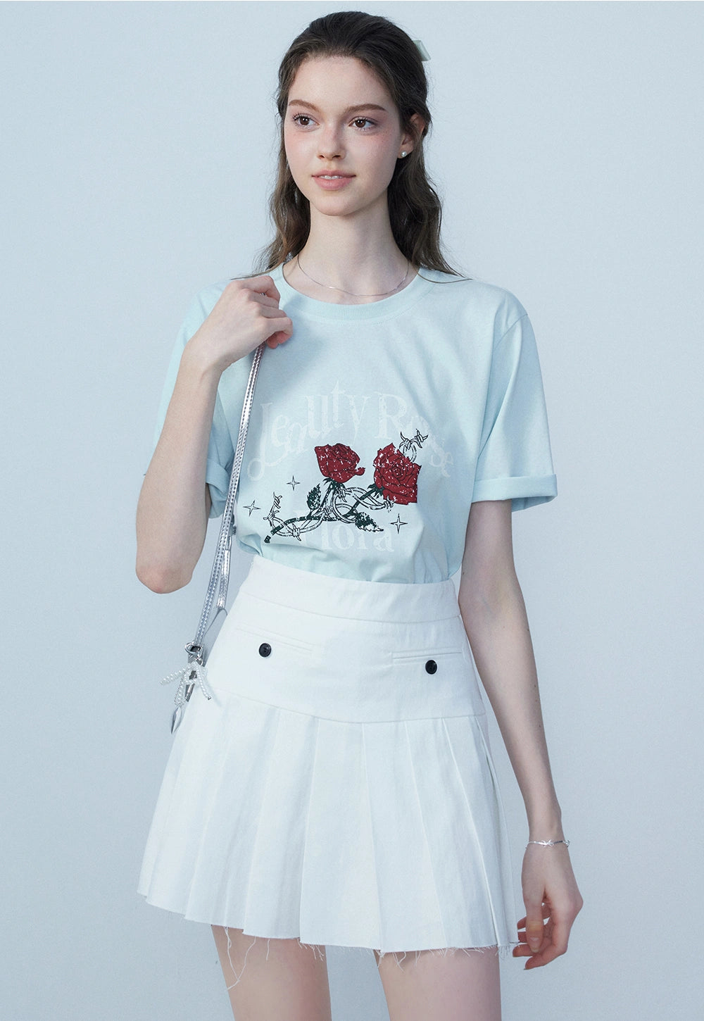 Women's T-Shirt with Red Rose Print and Elegant Script - Casual Cotton Tee