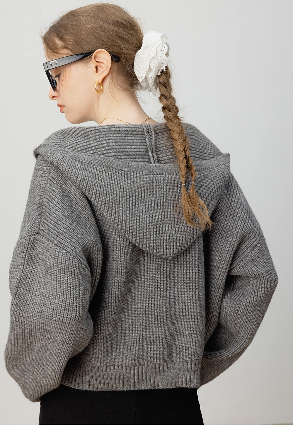 Women's Hooded Knit Sweater with Drop Shoulders