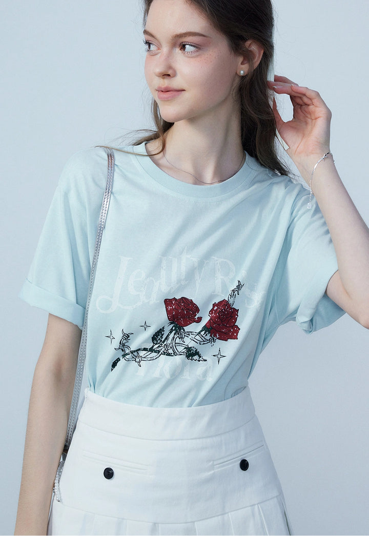 Women's T-Shirt with Red Rose Print and Elegant Script - Casual Cotton Tee