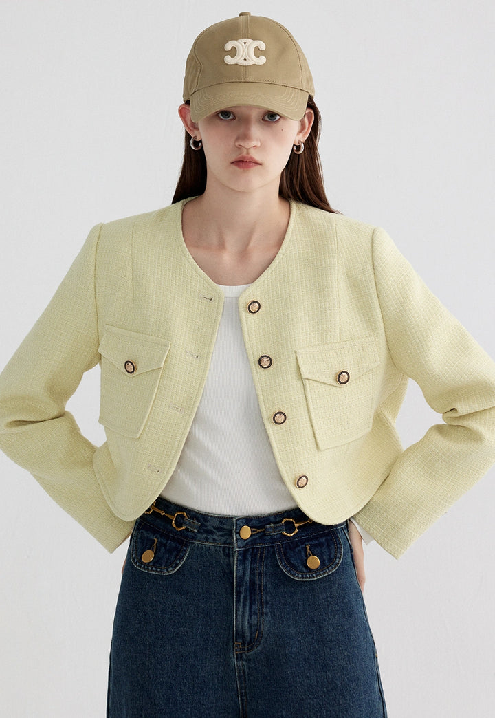 Women's Textured Crop Jacket with Button Closure and Patch Pockets