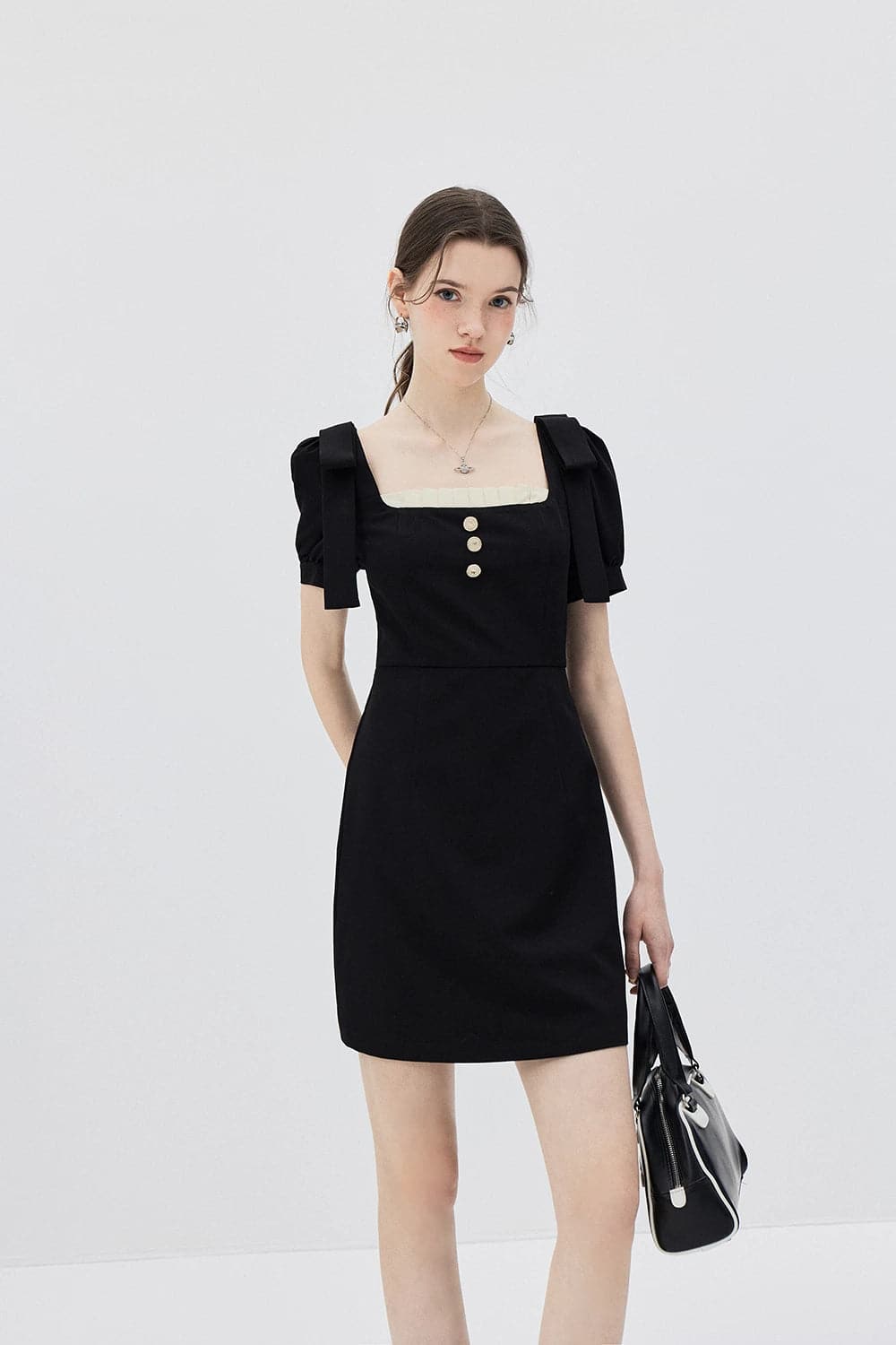 Chic Puff Sleeve Buttoned Square Neck Dress