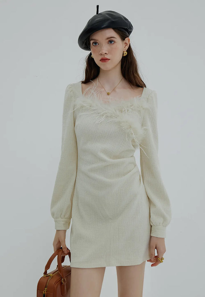 Feather-Trimmed Textured Long-Sleeve Dress