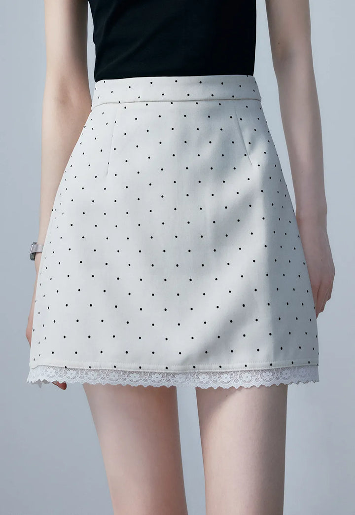 Women's A-Line Mini Skirt with Polka Dot Pattern and Lace Trim