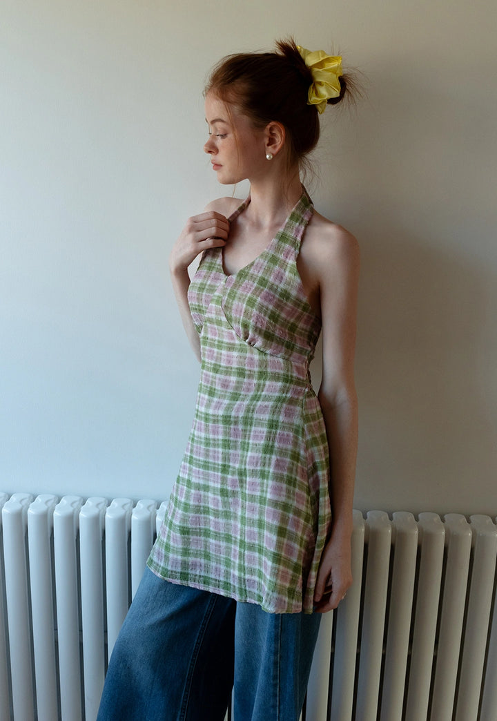 Plaid Halter Neck Dress with Tie Detail