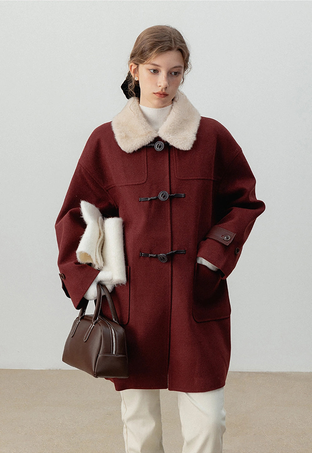 Women's Wool Coat with Faux Shearling Collar