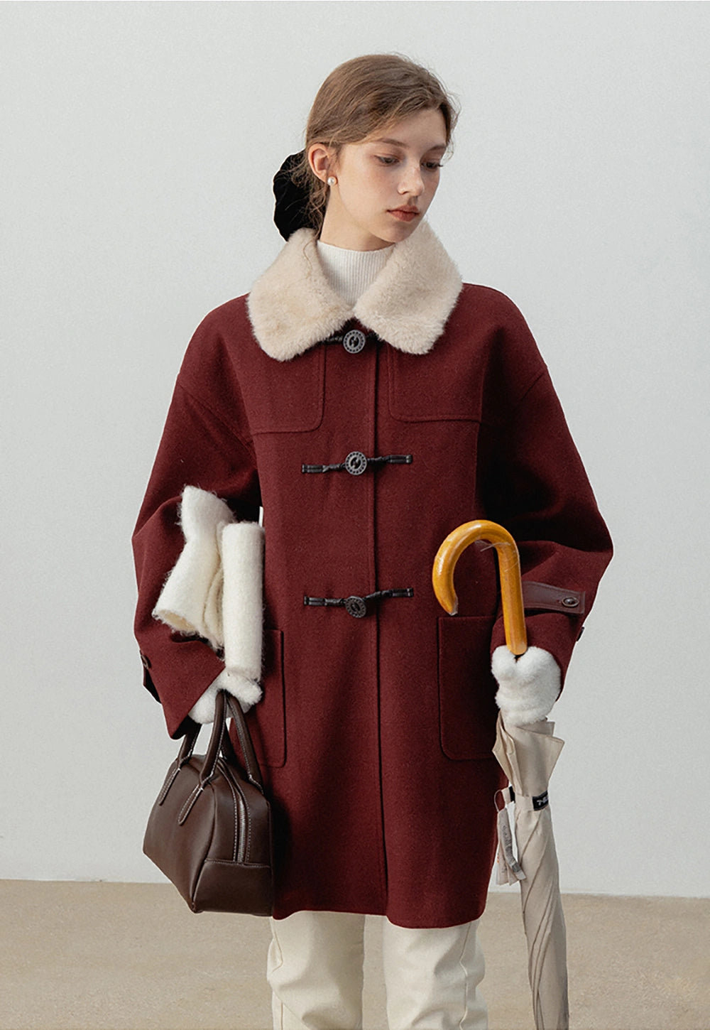 Women's Wool Coat with Faux Shearling Collar