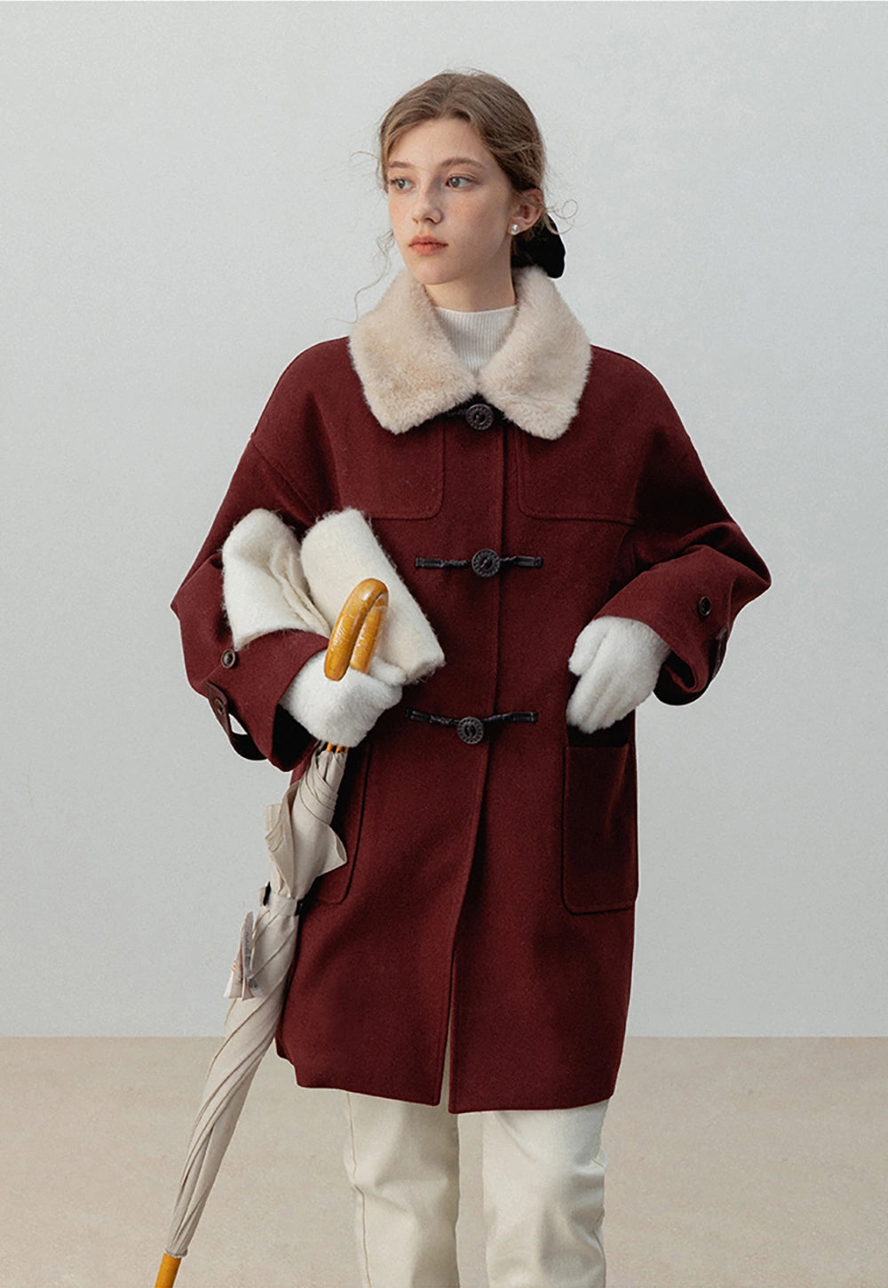 Women's Wool Coat with Faux Shearling Collar