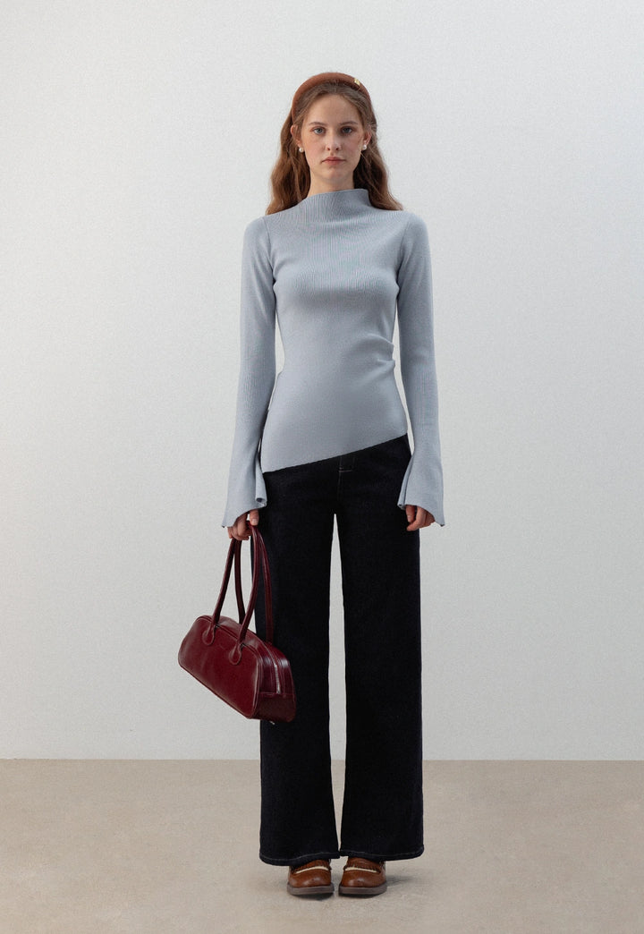 Asymmetrical High-Neck Sweater with Flared Sleeves