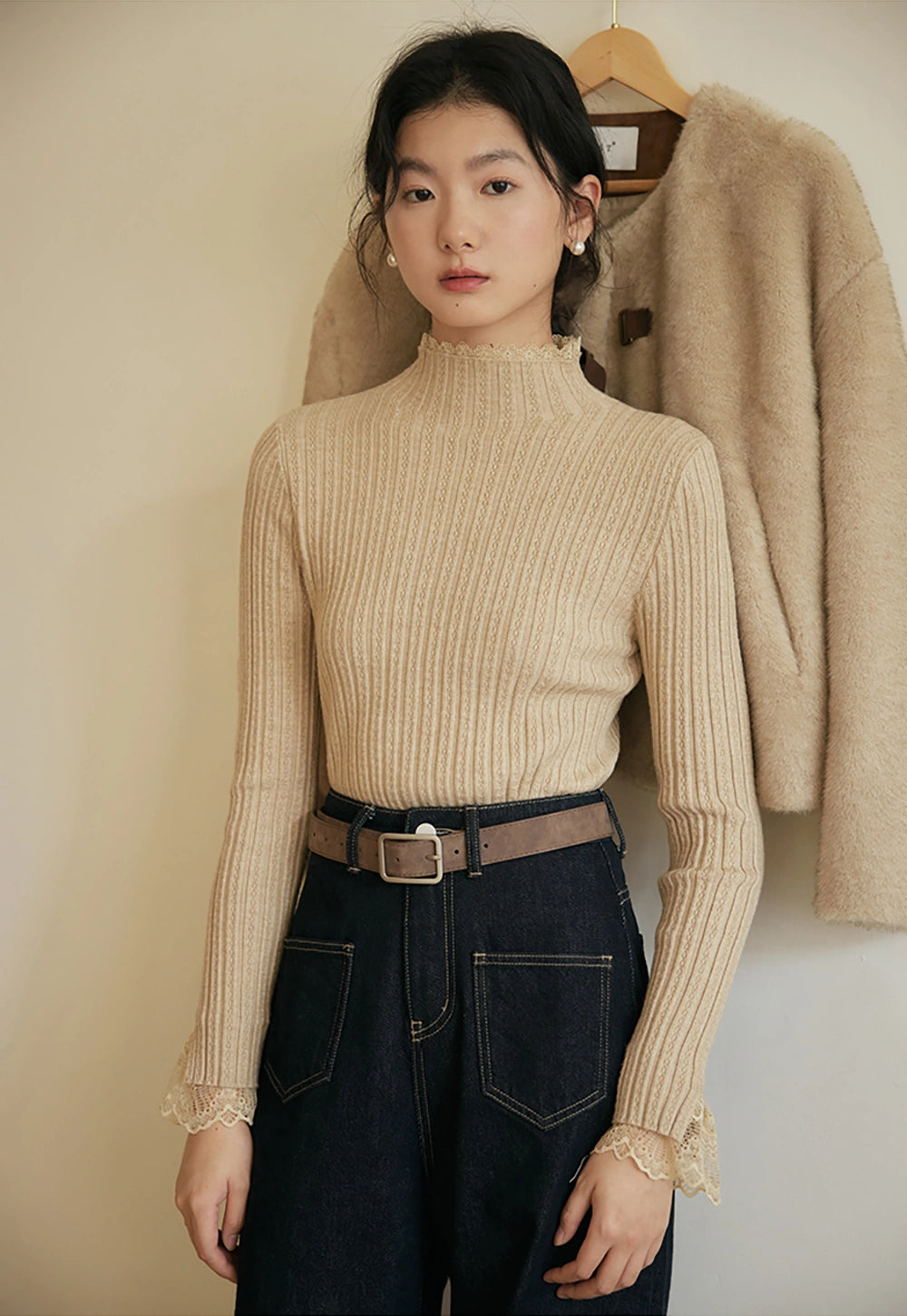 Ribbed Mock-Neck Sweater with Lace Cuff Detail