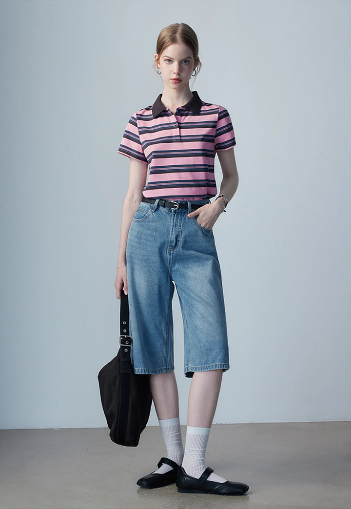 Women's Striped Polo Shirt with Contrast Collar